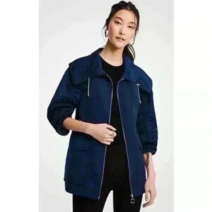 Ann Taylor Ruched‎ Sleeve Full Zip Anorak Jacket Navy Blue Size XS